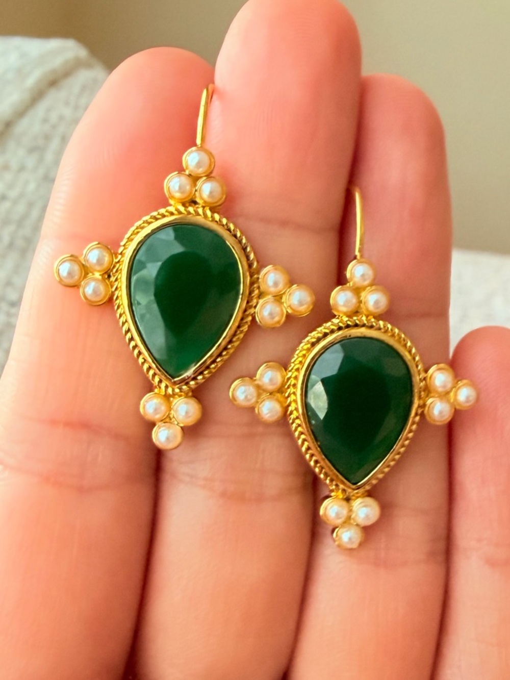 Gold Green Teardrop Pearl Cluster Earrings